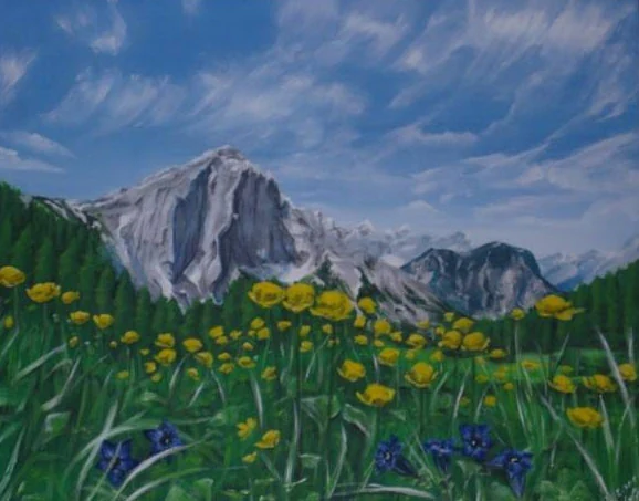 Berglandschaft mit Wiesenblumen im Vordergrund